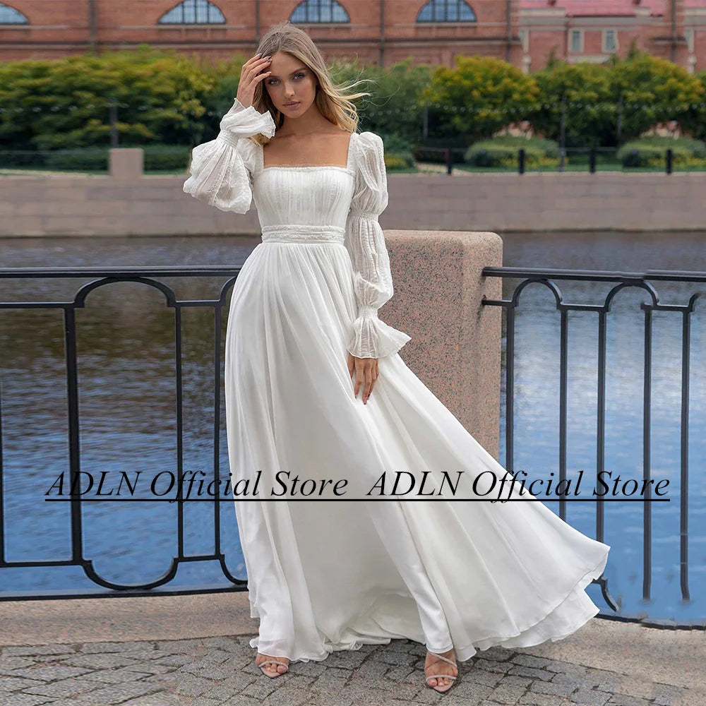 ADLN High Quality Beach Wedding Dresses Square Neck Puff Slevees Beading Pearl Sweep Train Chiffon Boho Bridal Gown Robe Mariage
