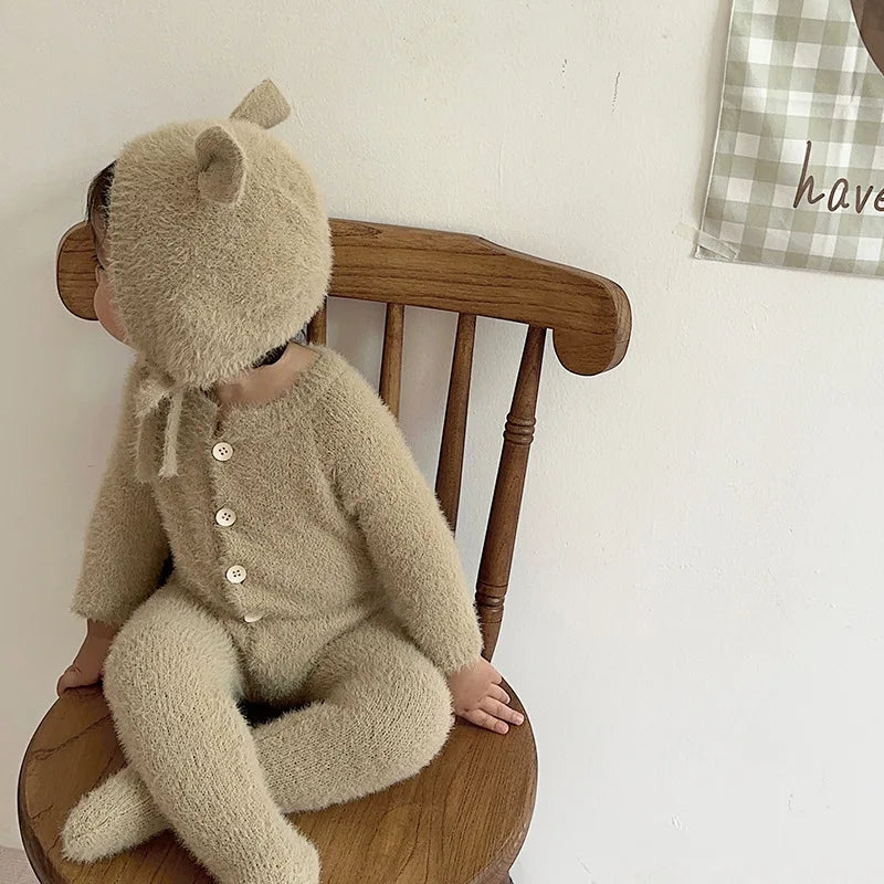 Newborn Baby Mink Fur Romper with Hood Cute Bear Animal Ear Footed Onesie Winter Warm Jumpsuit for 0-2 Years