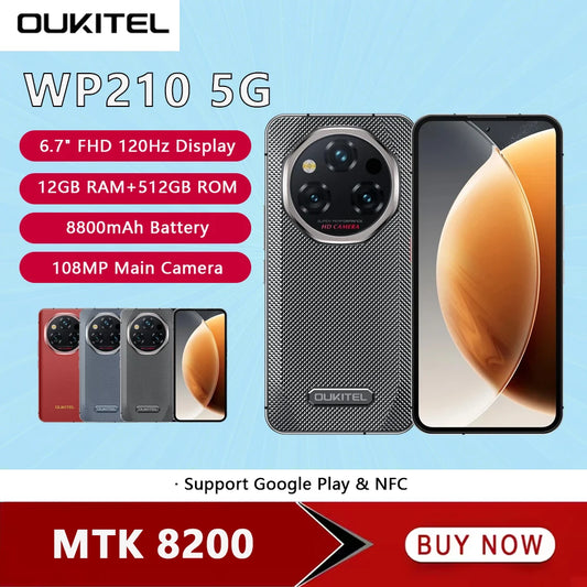 OUKITEL WP210 5G Rugged  Phone MTK 8200 6.7 Inch FHD+ 12GB RAM 512GB ROM Mobile Phone 8800mAh 108MP Android15 45W Cellphone NFC