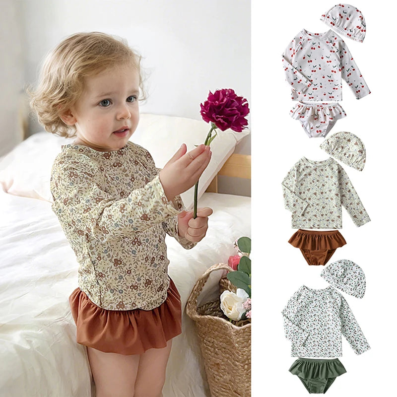 Kids Girls Swimsuit Summer Bikini Girl Swim Suit Long Sleeve Children Swimwear with Hats