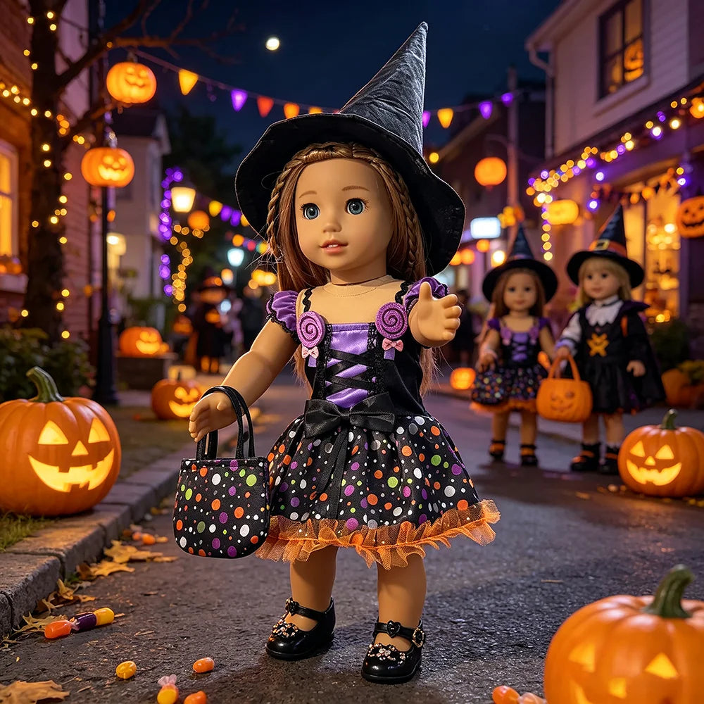 Halloween Doll Costume Outfit Suitable for 18 Inch Dolls. Doll Holiday Costume Set with Three Pieces and Doll Accessories