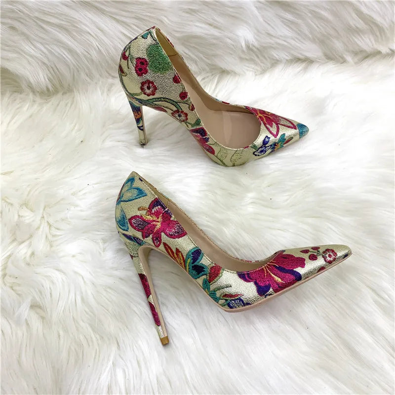 Fashion Print Women's Pumps 8CM 10CM 12CM Sexy Pointy Toe Luxury Female Shoes 2025 Spring Summer All-Match Woman Gold High Heels