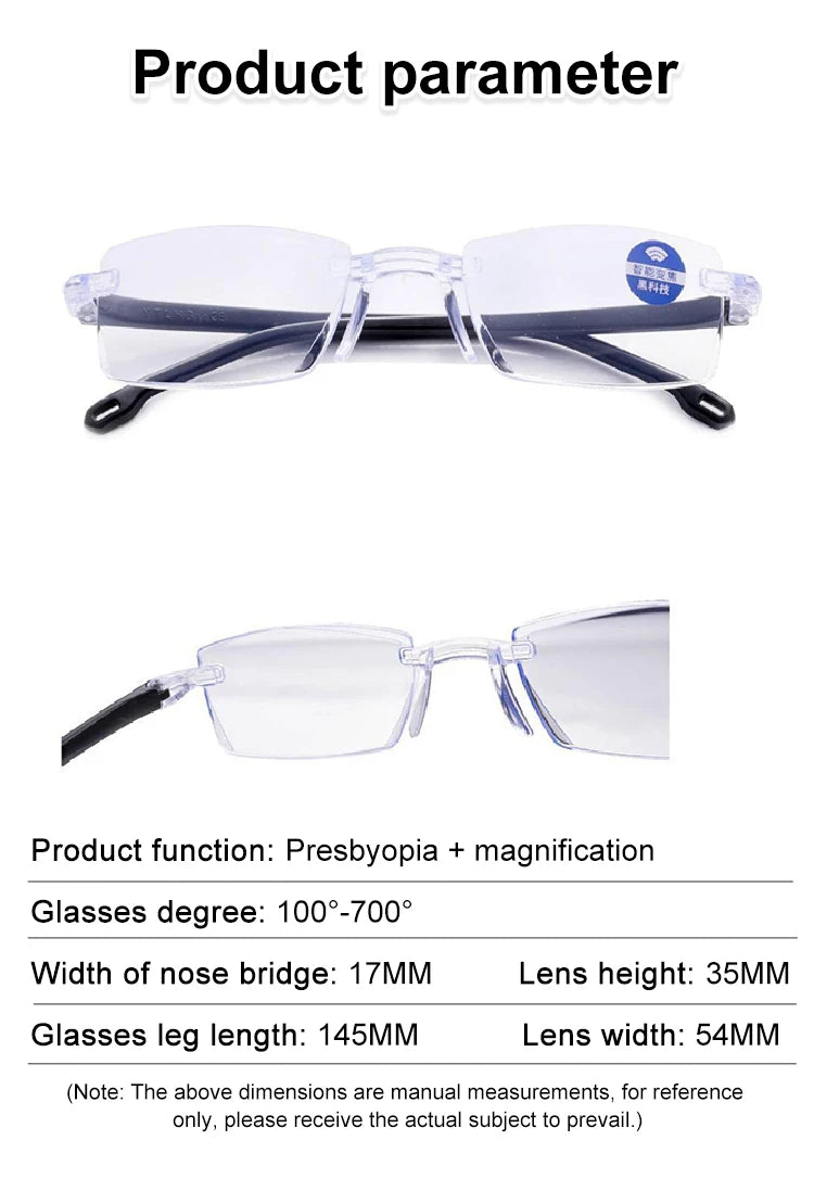 Frameless Smart zoom HD reading glassesAnti-blue Light reading glasses for men and women Near And Far Anti-radiation Glasses