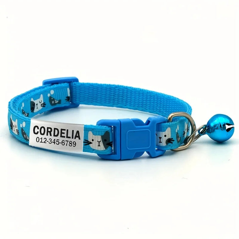 Personalized Printed Cat Collar With Bell Adjustable Kitten Puppy Collars Free Engraved ID Nameplate Anti-lost Safety Buckle
