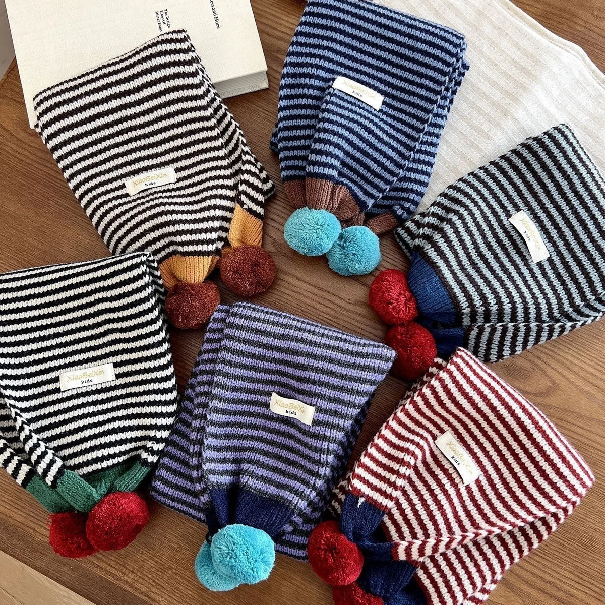 Winter Warm Knitted Kids Scarf Cute Pom Poms Stripe Neck Warmer For Boys Girls Letter Patch Casual Children Scarf