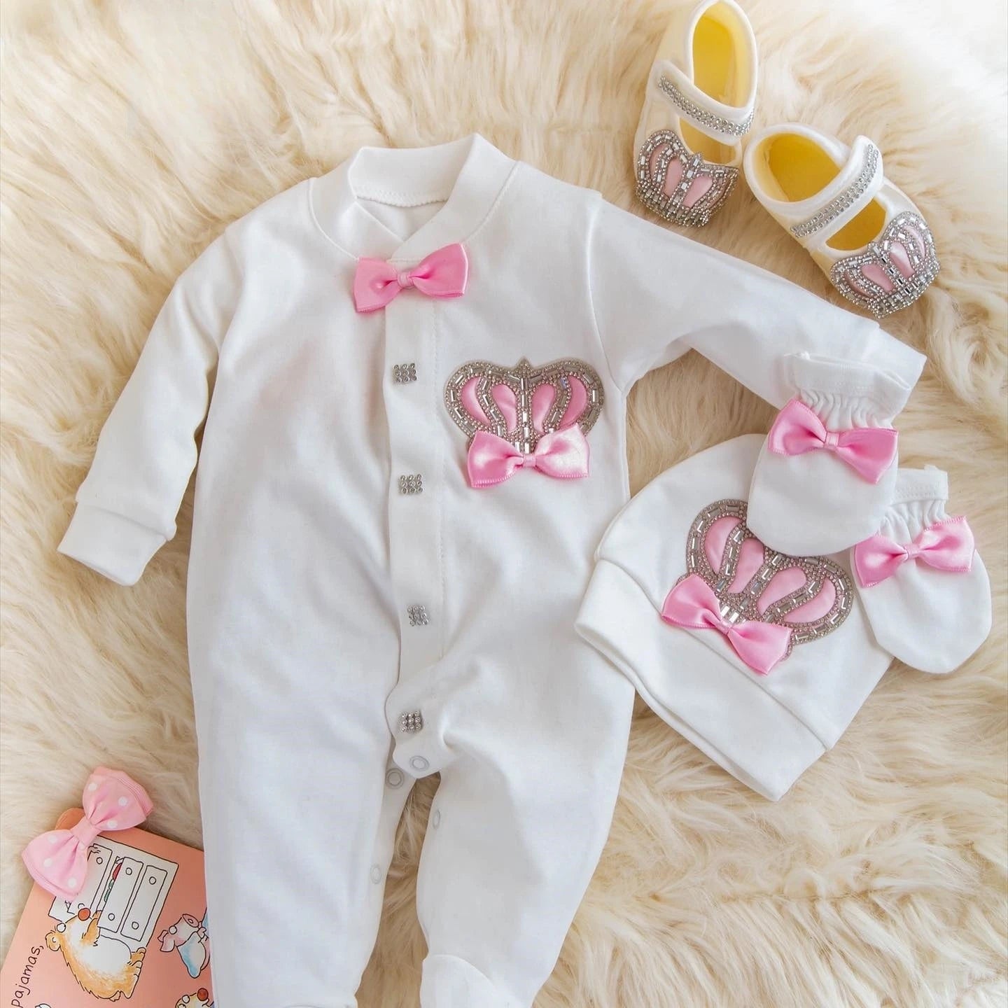 Dollbling Baptism Outfit Boy Prince Luxury Bling Christening Coming Home Romper Bonnet Set Mittens Nursery Hospital Clothing set