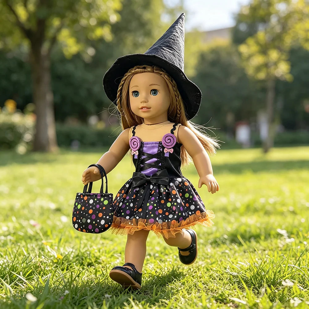 Halloween Doll Costume Outfit Suitable for 18 Inch Dolls. Doll Holiday Costume Set with Three Pieces and Doll Accessories
