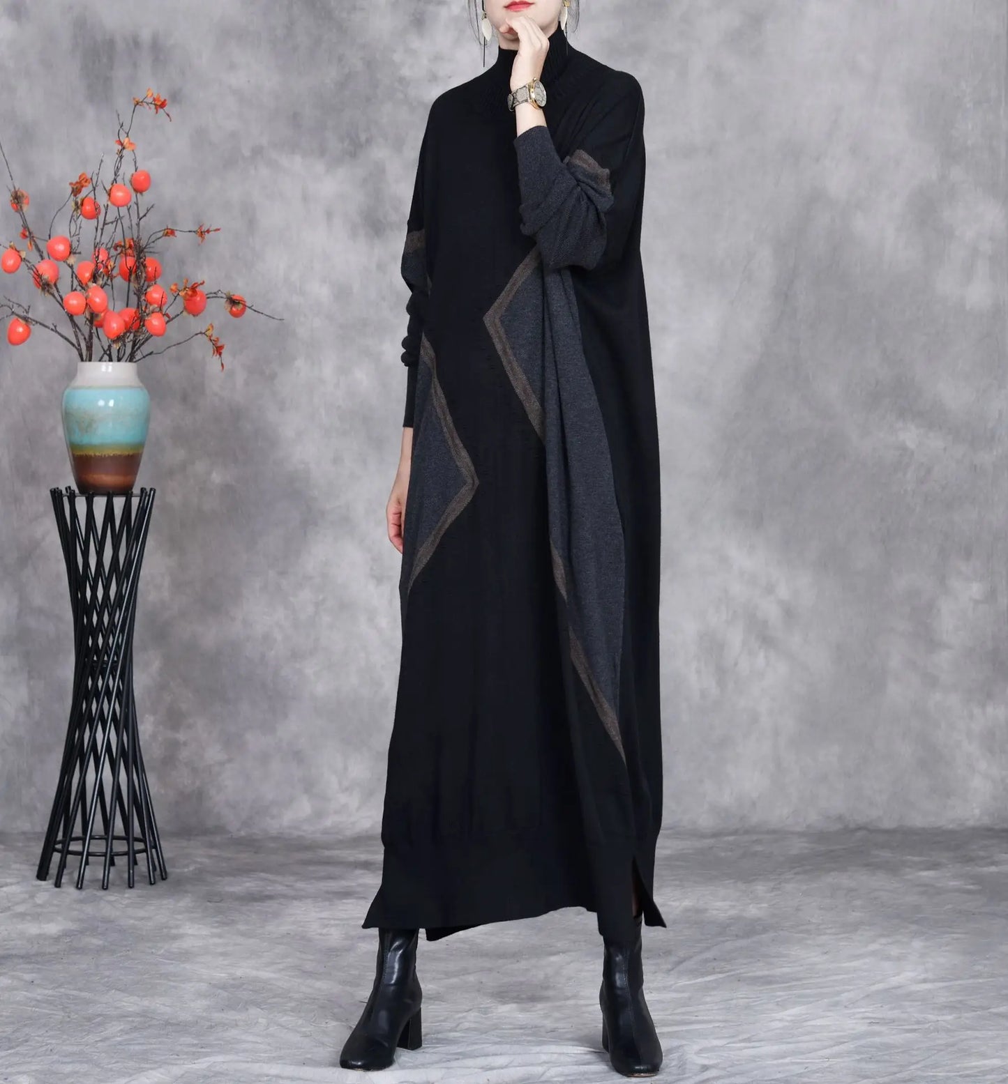 Johnature 2025 Woman Autumn New Fashion Mock Neck Loose Long Sleeves Dress Chinese Style Contrast Batwing Sleeve Casual Dress