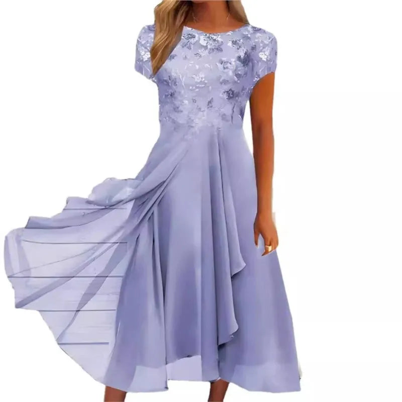 New 2025 Women's Lace Dress for Party Elegant Bride Wedding Dress Plus Size Jewel Neck Knee Length Chiffon Lace Long Party Dress