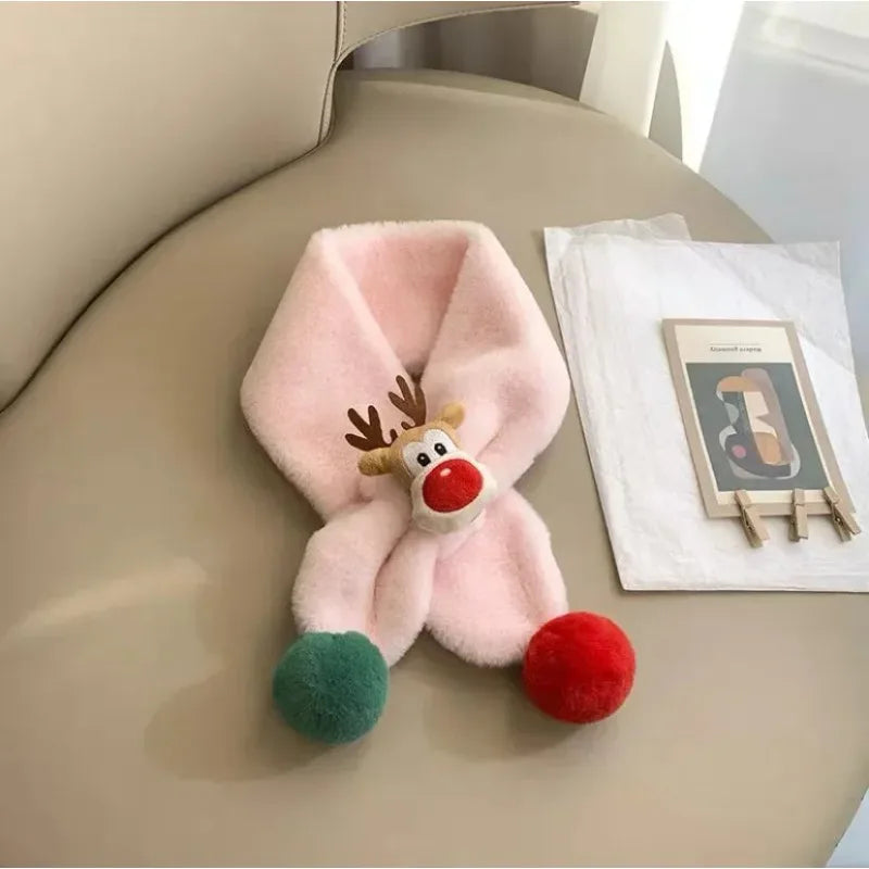 Plush animal scarf with cute fur ball deer design soft and warm accessory for Children for winter outdoor and Christmas gift use