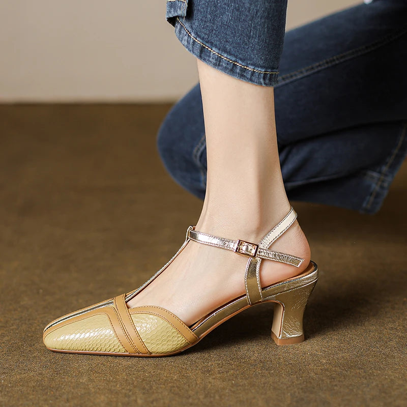 Dilalula 2025 Fashion T-Strap Genuine Leather Sandals Women Covered Toe Mixed Color Summer Dress Shoes Ladies Party French Style