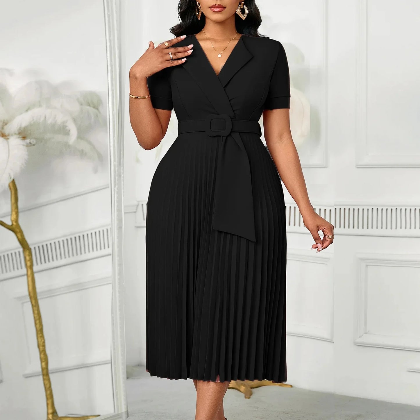 Sexy Short Sleeve V-Neck Elegant African Pleated Dress High Waist Midi Dress Fashionable Atmosphere Casual Elegant Style