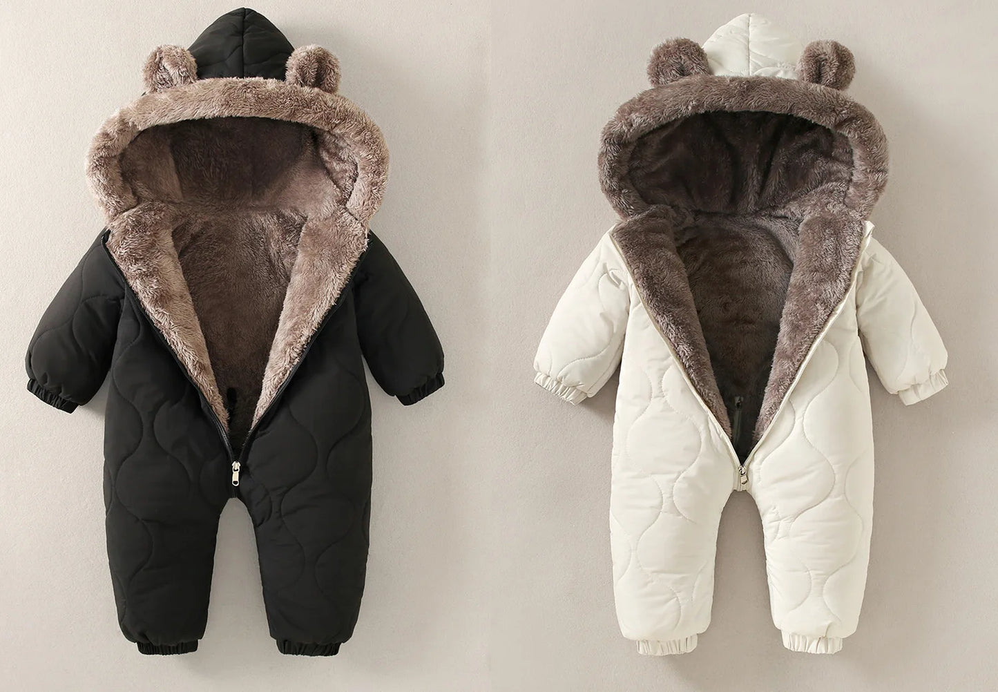 2025 Winter New Baby Boys Girls Bodysuit Solid Color Plus Velvet Thick Jumpsuits For 6M-3Y Kids Warm Hooded Rompers Snowsuit