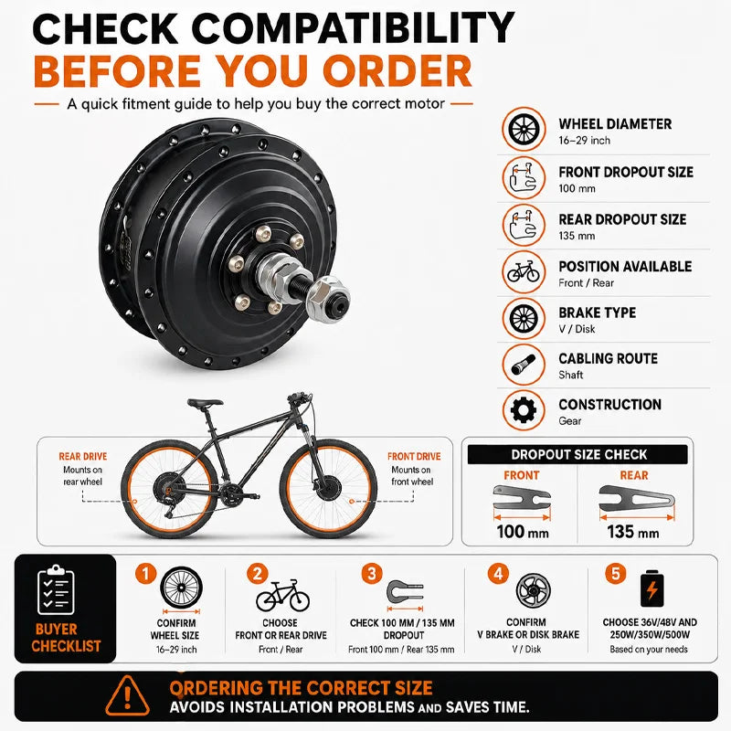 36V 48V 250W 350W 500W Front Rear Drive Brushless Gear Hub Motor Rotary Type High Speed E-Bike Motor Wheel Electric Bike Kit