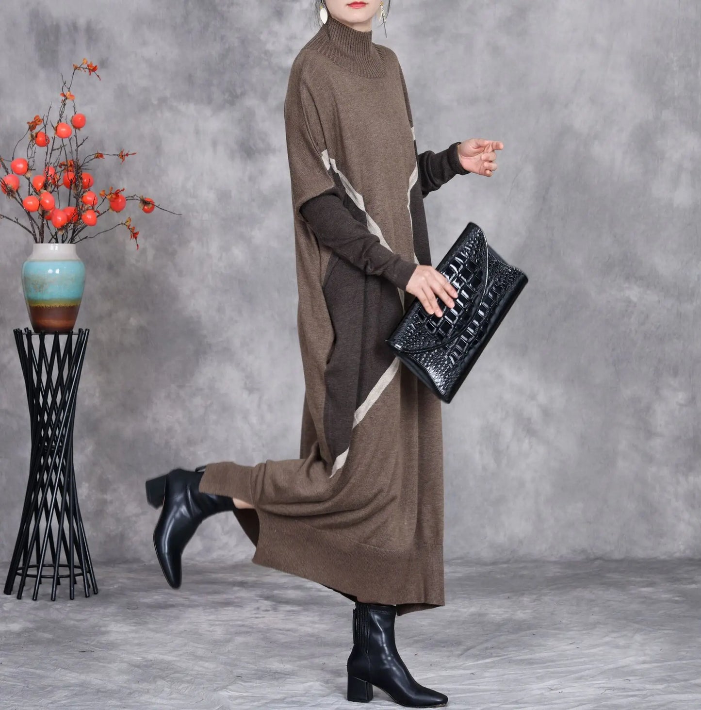 Johnature 2025 Woman Autumn New Fashion Mock Neck Loose Long Sleeves Dress Chinese Style Contrast Batwing Sleeve Casual Dress