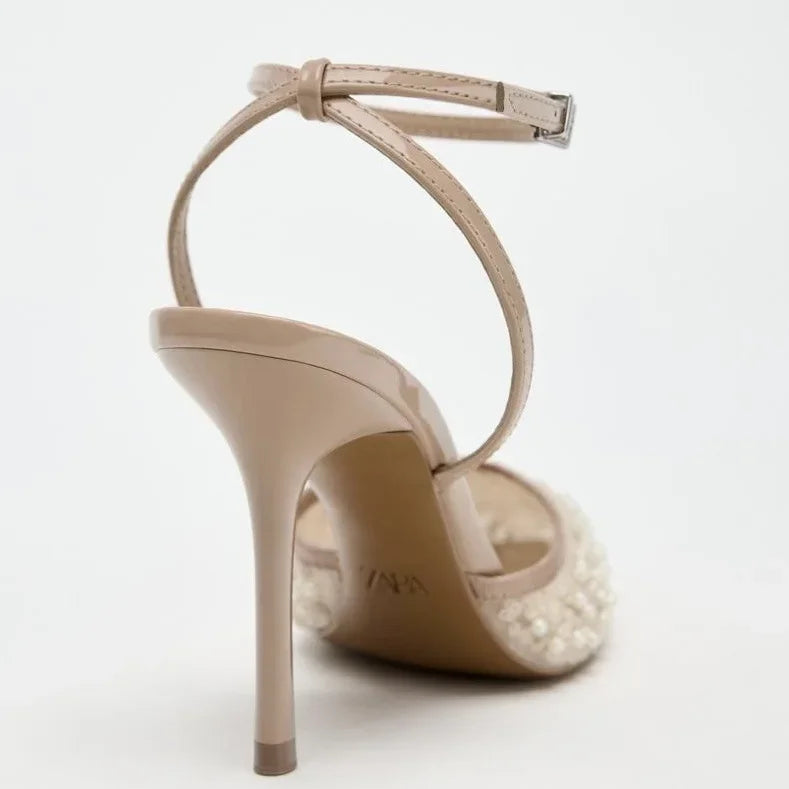 Pumpkin Color Diamond High Heels Pointed Toe Backless Sandals Evening Shoes Low Heel Single Shoes Rubber Upgraded Version
