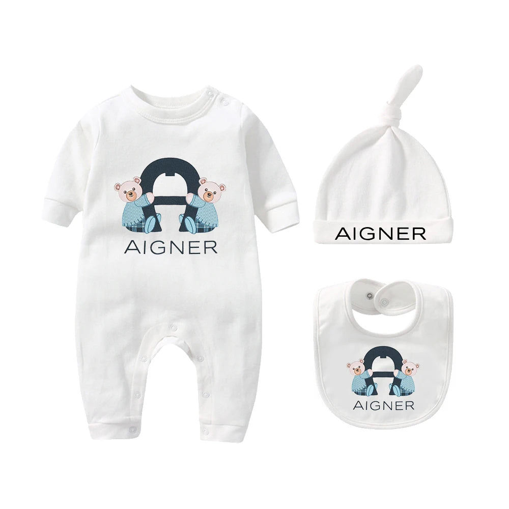 Popular bear jumpsuit, newborn autumn clothing hot selling, soft bib scarf hat, toddler jumpsuit set, baby long sleeved jumpsuit