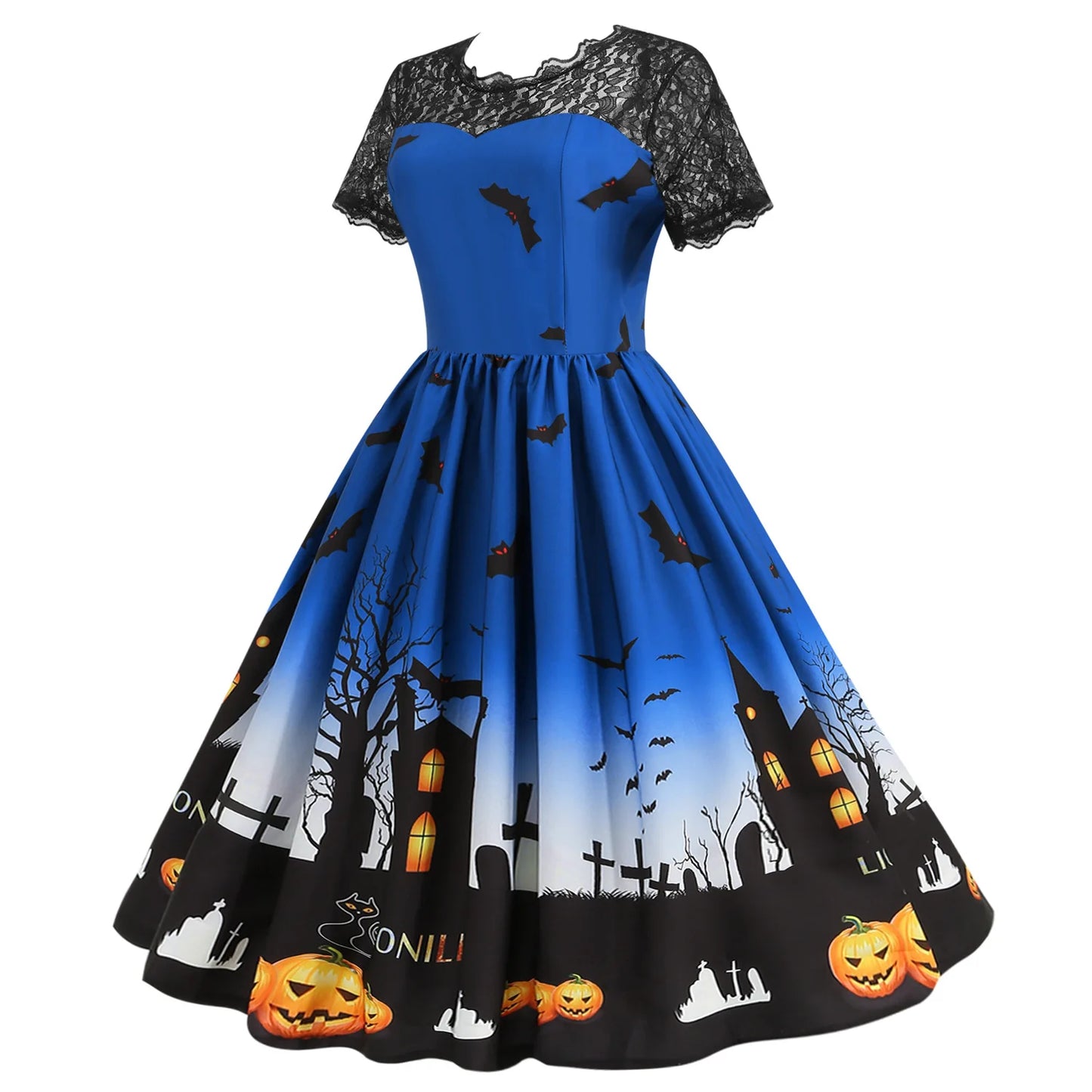 Halloween Gothic Dress Costume - Women's Retro Lace round Neck Short-Sleeved Printed Maxi Dress for Cosplay Party