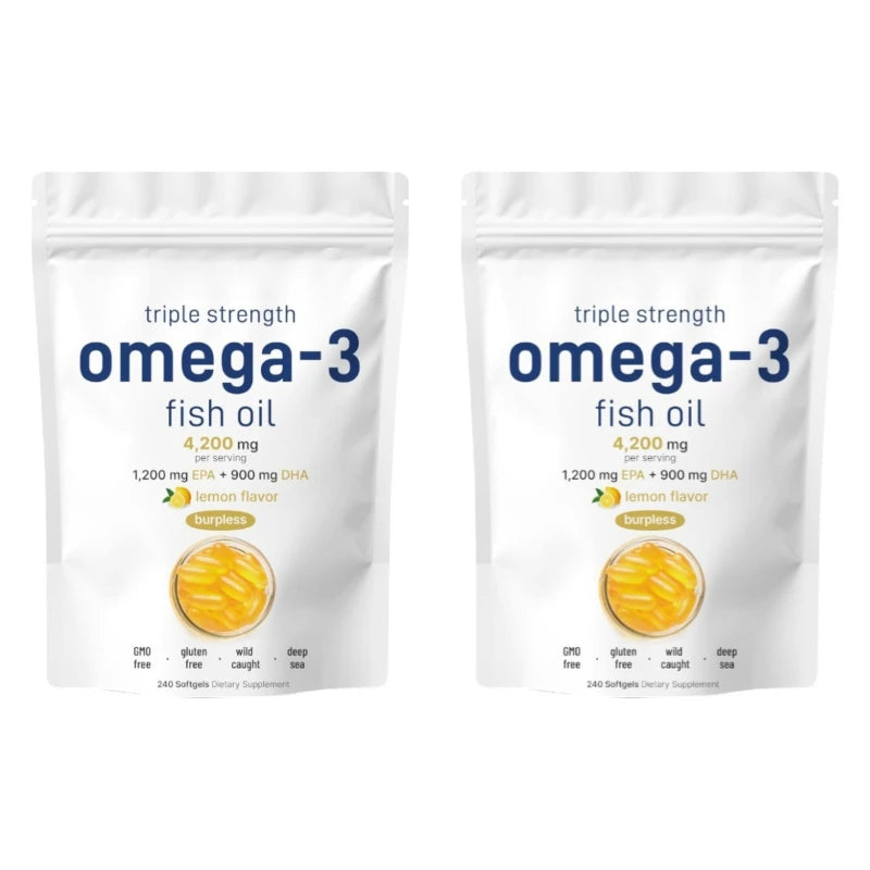 Triple Strength Omega 3 Fish Oil Supplements 4200mg Lemon Flavored, Burpless, EPA 1200mg DHA 900mg 240 Softgels