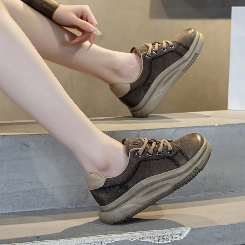 DRKANOL Spring Genuine Leather Casual Sneakers Women Thick Bottom Platform Lightweight Single Shoes Ladies Wedges Heel Shoes