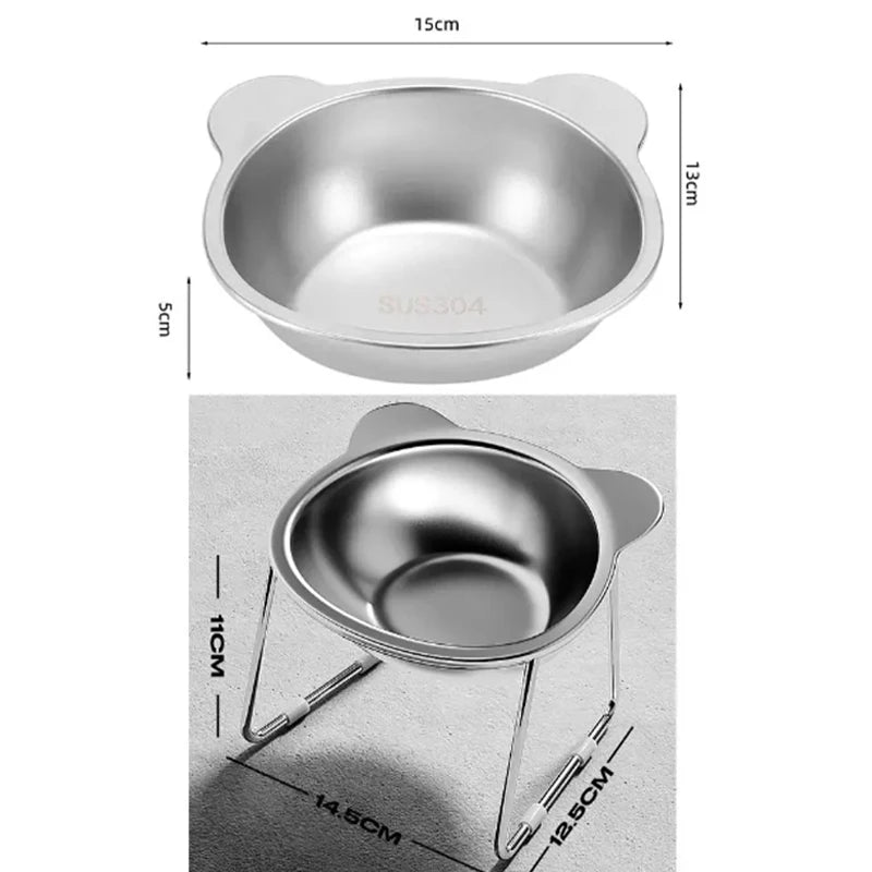 Premium 304 Stainless Steel Raised Cat Bowl with 15° Tilt Neck Guard Shatterproof Healthy Feeding for Senior Cats Kitten Puppy