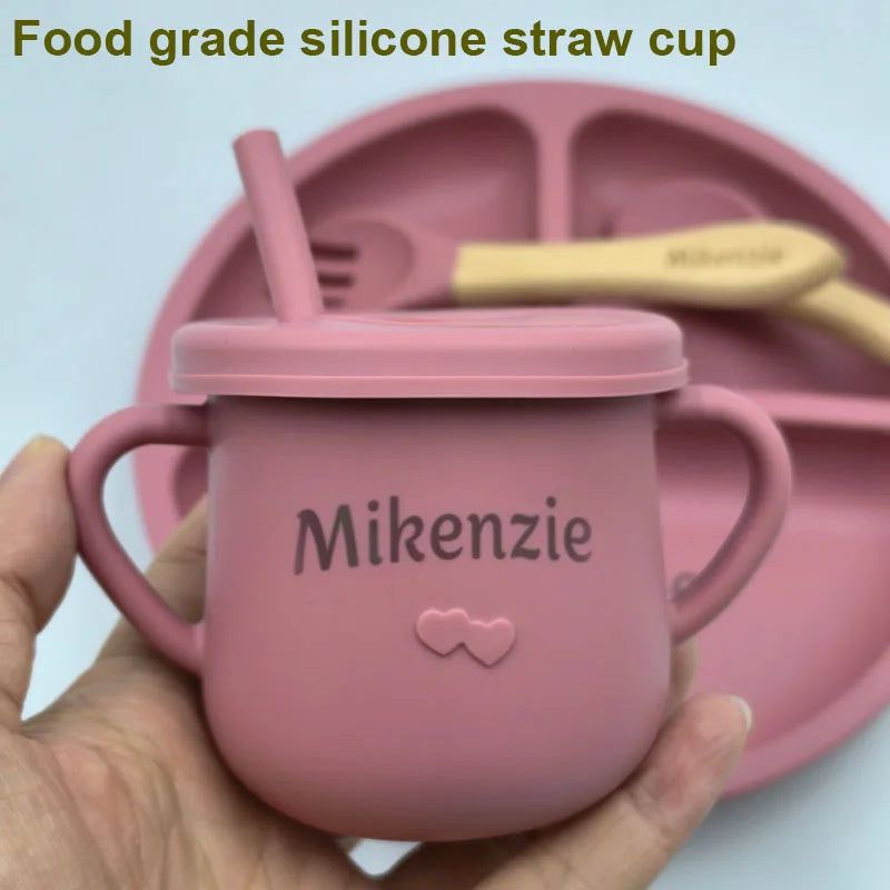 6PCS Silicone Feeding Set For Baby Personalized Name Logo Plate Bowl Customized Newborn Gift Silicone Straw Cup BPA Free