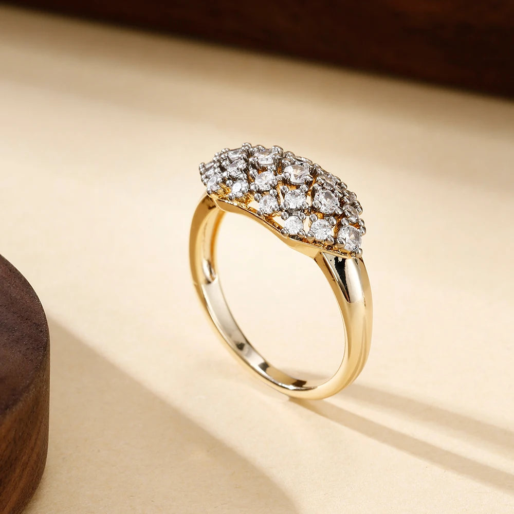 Hollow oval inlaid zircon earrings and rings three-piece elegant fashion jewelry two-tone set wedding party accessories