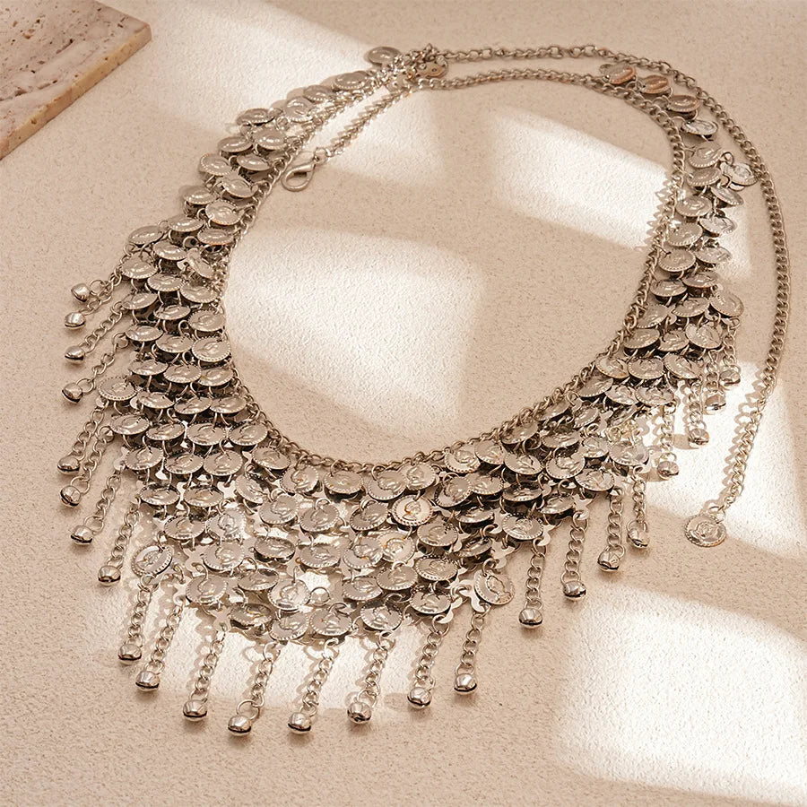Ethnic Silver Color Bell Coins Tassel Waist Chain Belly Chain for Women Adjustable Chains Sexy Bikini Dance Dress Body Jewelry
