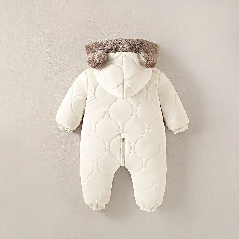 2025 Winter New Baby Boys Girls Bodysuit Solid Color Plus Velvet Thick Jumpsuits For 6M-3Y Kids Warm Hooded Rompers Snowsuit