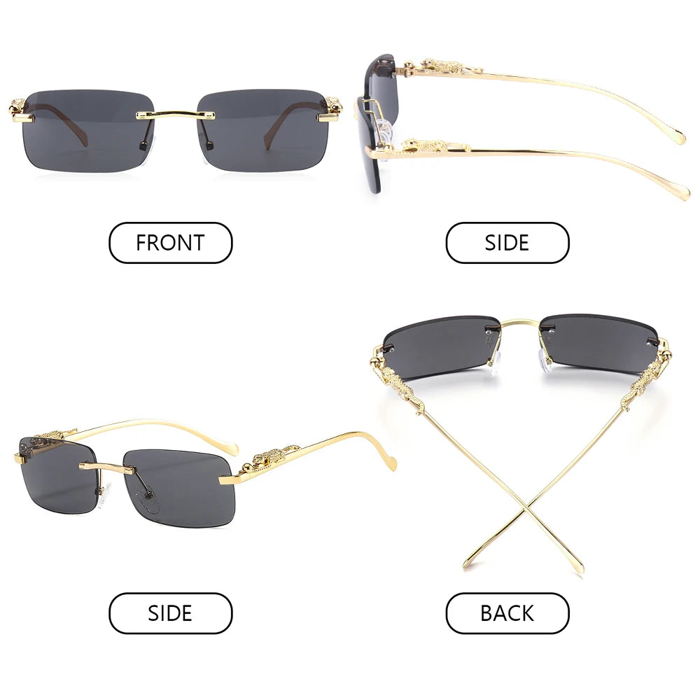 Rimless Square Sunglasses Women Men Luxury Brand Designer Popular Travel Driving Metal Leopard Head Sun Glasses Shade Eyewear