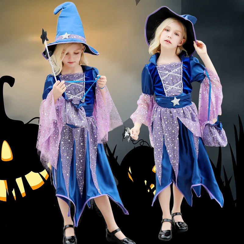 2026 Halloween Blue Witch Costume for Girls with Witch Hat Wand Bag Accessory Set  2-12T Girl Role Play Party Dress Vestidos
