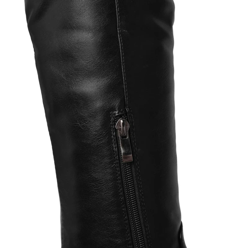 SIMLOVEYO Snow Boots fur Women Leather Boots Med Block Heels Over The Knee Boots Lady Shoes Bota Feminina Size 44 46