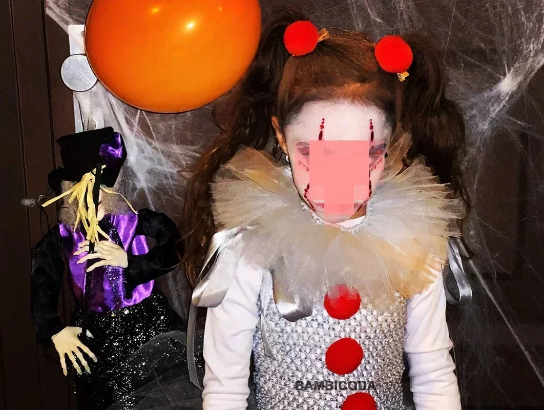 Halloween Pennywise Costume Creepy Clown Gray Tutu Dress Outfit Girls Fancy Carnival Party Tulle Dresses Joker Clothes