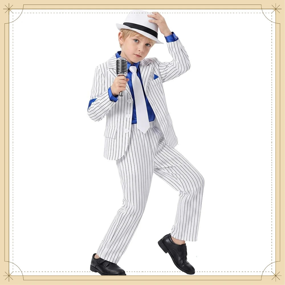 Halloween Carnival Boys Jackson Costume Dancer Singer Moonwalk Stage Outfits 80s Pop Rock Superstar Dress Up White Striped Suit