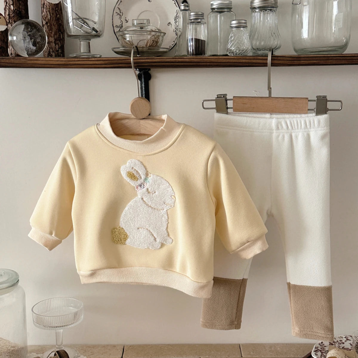 Casual Sweatshirts Girls Toddler New Winter Clothing Crewneck Rabbit Embroidery Pullovers Color Blocked Pants 2pcs Outfit