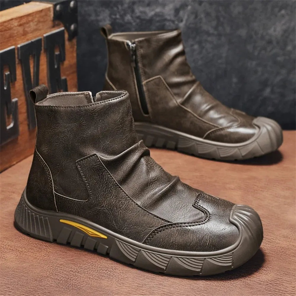 Fipatbu Unisex wool-lined barefoot leather boots with a solid color and a wide-toe design