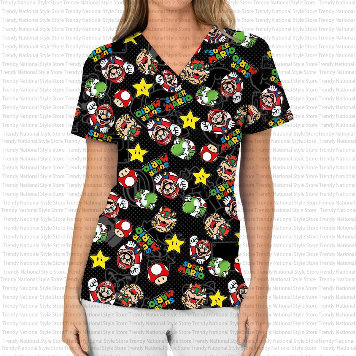 Women's Nursing Hair T-shirt, Nurse Uniform, Professional Medical Cartoon Print, Women's Nursing Wear, Work Veterinarian Top