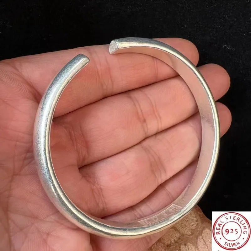 925 Sterling Silver Plain Bangle, Adjustable Open Design, Unisex Minimalist Jewelry