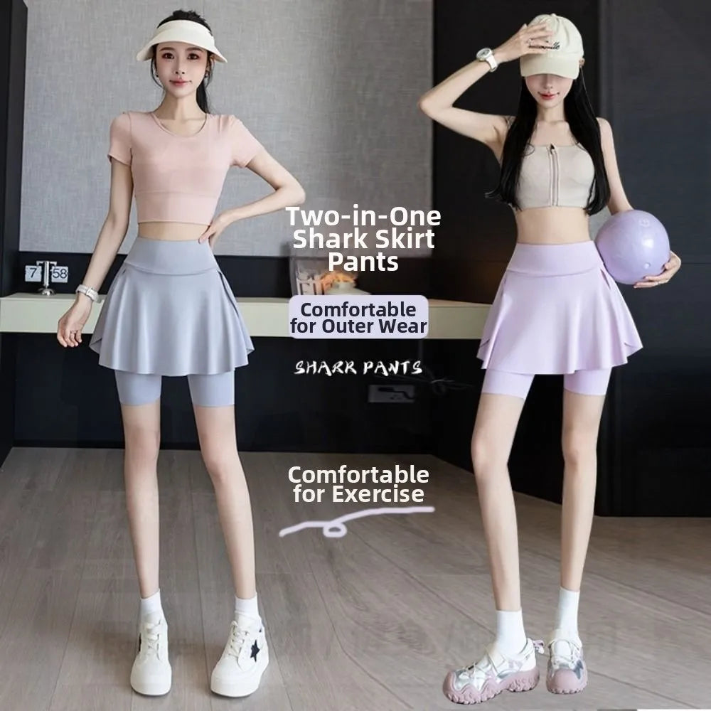 New Elastic High Waist Yoga Skorts Built in Pockets Anti-exposure Sport Running Shorts Quick-drying Cycling Skorts Summer Sports