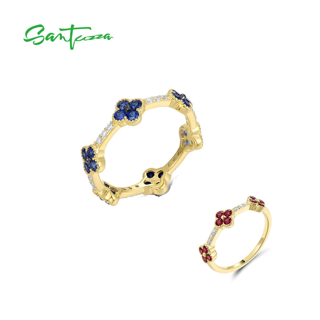 SANTUZZA 925 Sterling Silver Stackable Ring For Women Created Ruby Sapphire White CZ Delicate Flowers Wedding Gifts Fine Jewelry