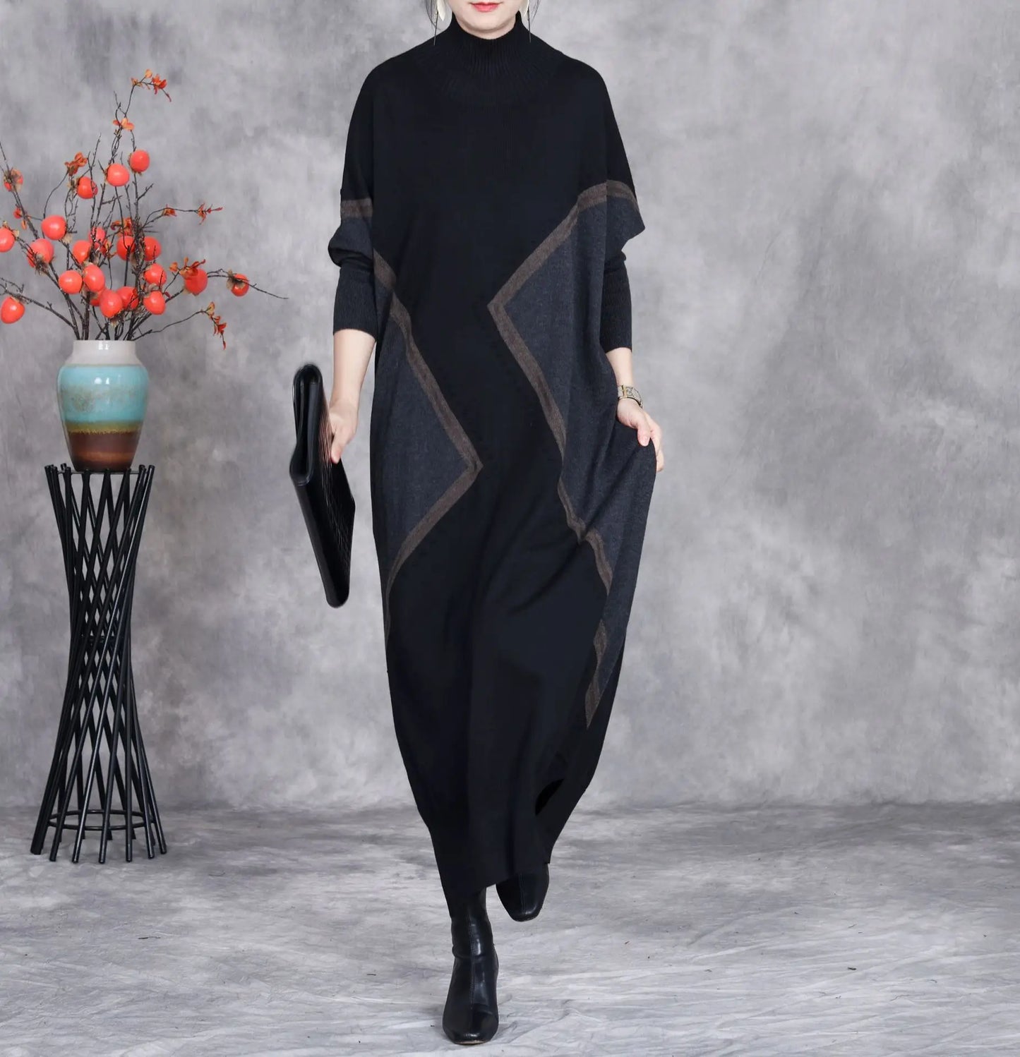 Johnature 2025 Woman Autumn New Fashion Mock Neck Loose Long Sleeves Dress Chinese Style Contrast Batwing Sleeve Casual Dress