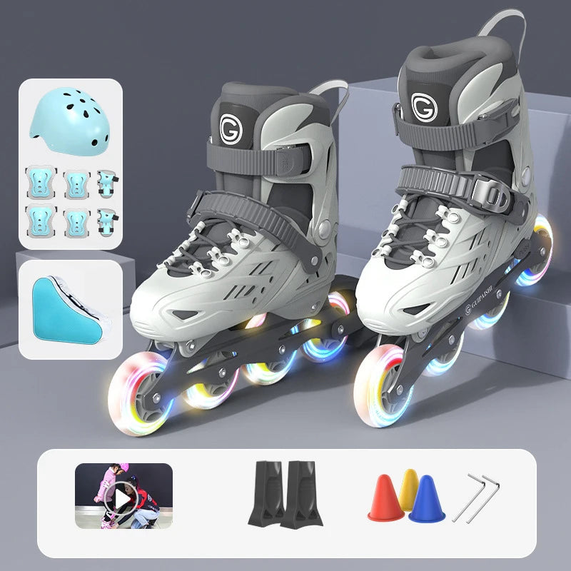 4 Wheels Flashing Inline Skates with Full Protective Gear Set Helmet Knee Pads Elbow Pads Carry Bag Adjustable Size for Boy Girl