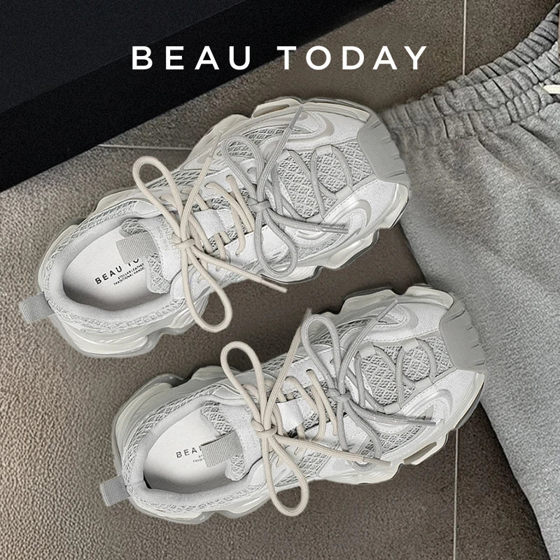 BEAUTODAY Chunky Sneakers Women Synthetic Leather Mesh Patchwork Round Toe Lace-up Trainers Ladies Platform Shoes Handmade 29A48