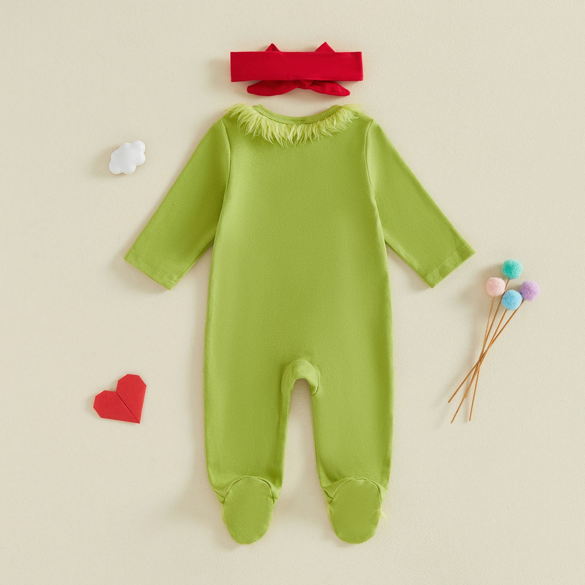 Baby Girls Christmas Ruffles Zipper Romper Green Plush Trim Jumpsuits and Headband Winter Baby Playsuits Clothes