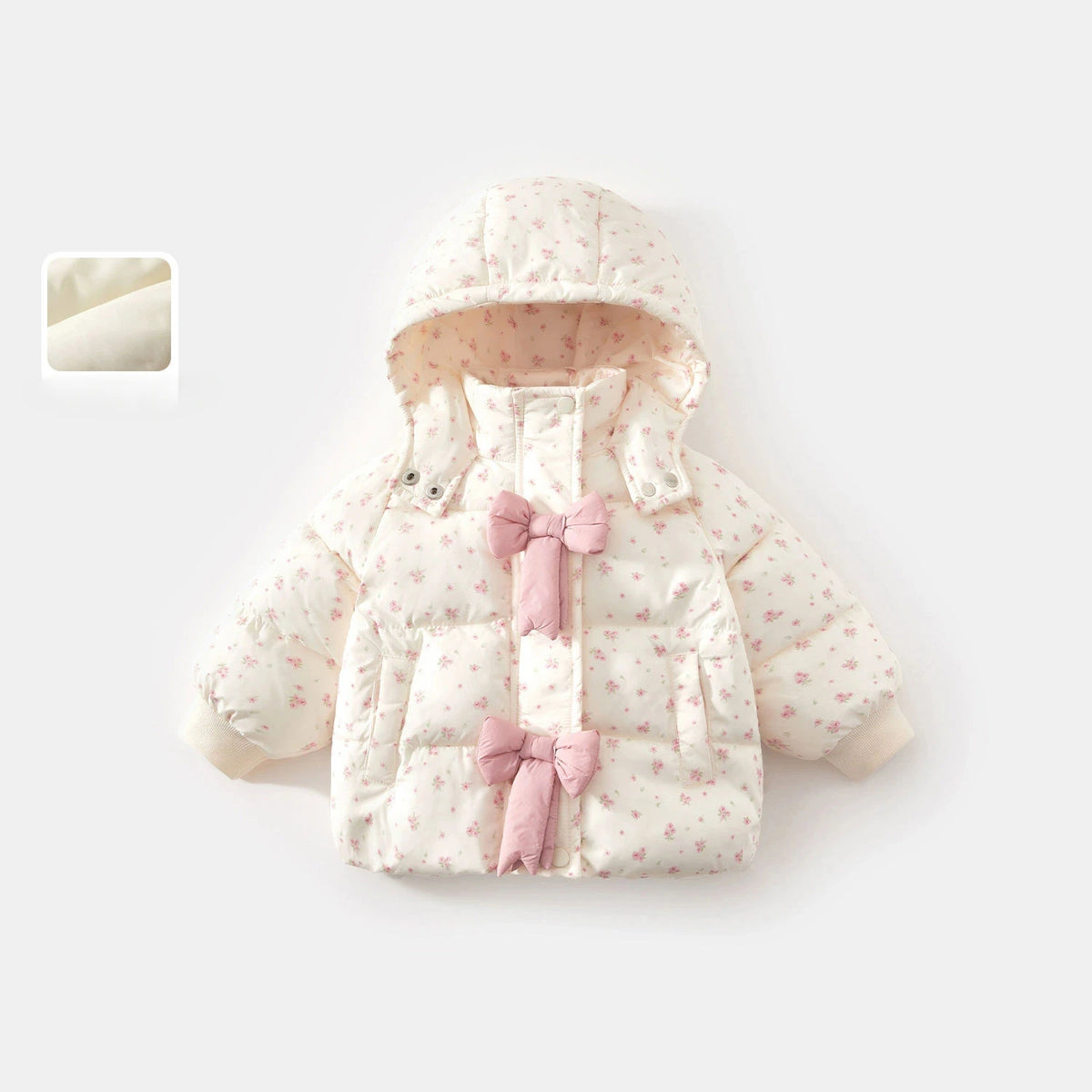 Winter 2024 Girls Plush New Fashion Sweet Floral Cotton Jacket Baby Cotton Hooded Autumn and Winter Bow Coat