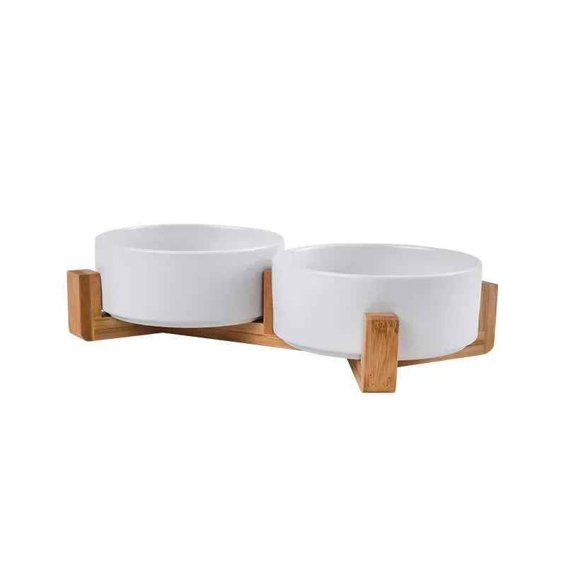 Cat bowl cerami double bowl water bowl integrated wooden rack protects cervical spine high-legged dog bowl dog bowl