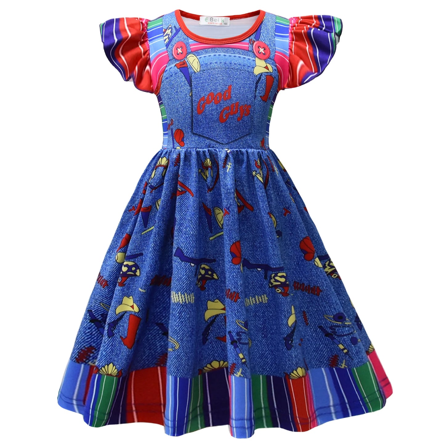 Horror Killer Movie Ghost Doll Disguise Costume Girls Printed Dress+Sticker Headwear For Children Halloween Party Outfit Sets