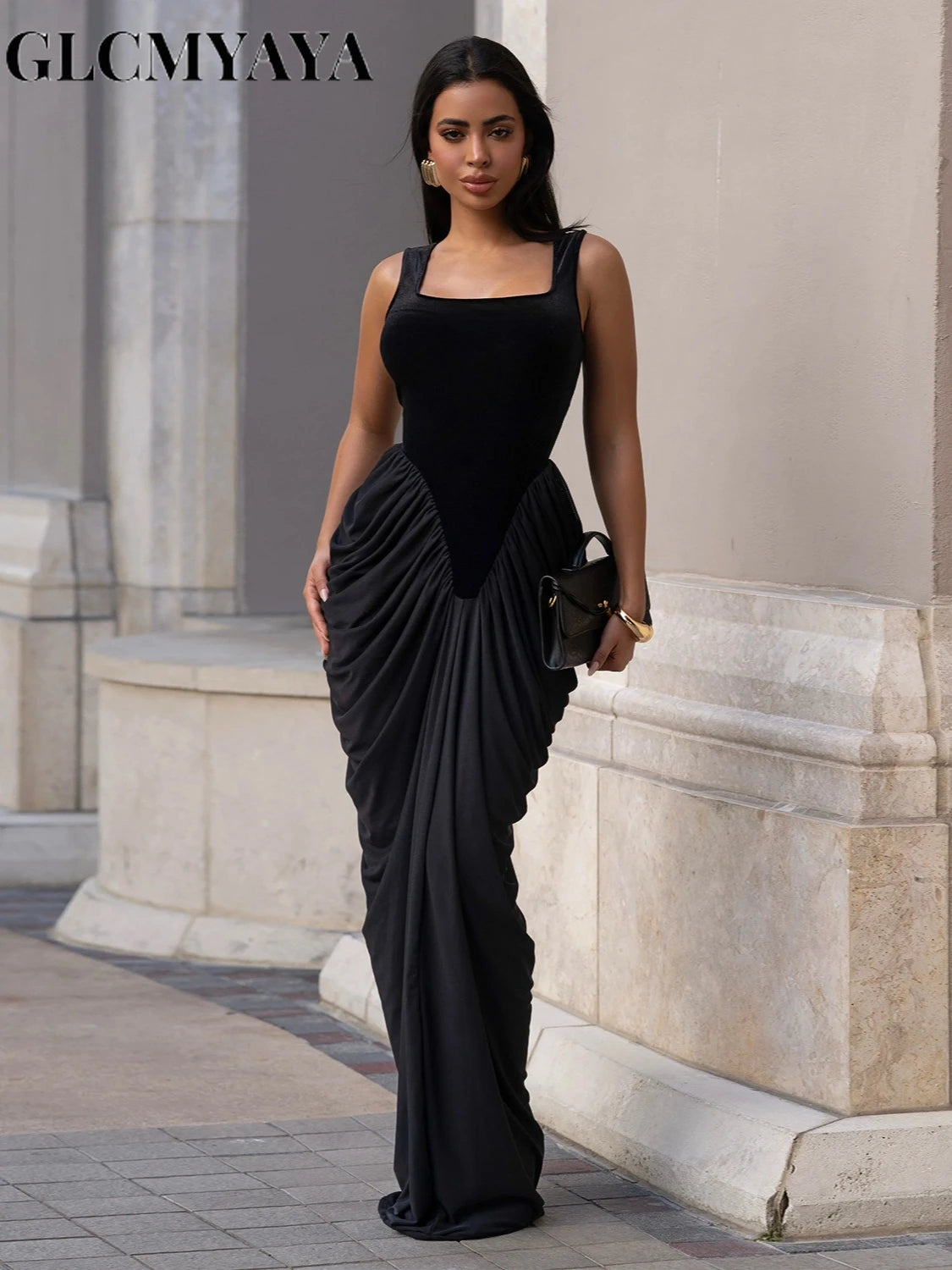 GLCMYAYA Women Velvet Stacked Ruched Sleeveless Bodycon Long Maxi Dresses 2026 Fall Party Trendy Birthday Evening Dress Vestidos