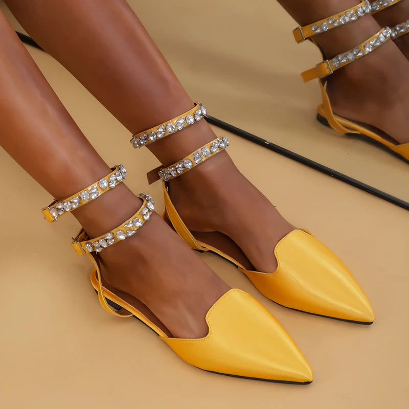 Shiny Crystal Flat Heels Gladiator Sandals Women Sexy Pointed Toe Pink Party Shoes Woman Plus Size 42 Ankle Straps Pumps Lady