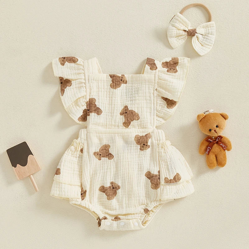 0-18M Newborn Baby Girl Bodysuits Cartoon Bear Pattern Ruffled Flying Sleeve Romper with Bow Headband Set Summer Infant Outfits